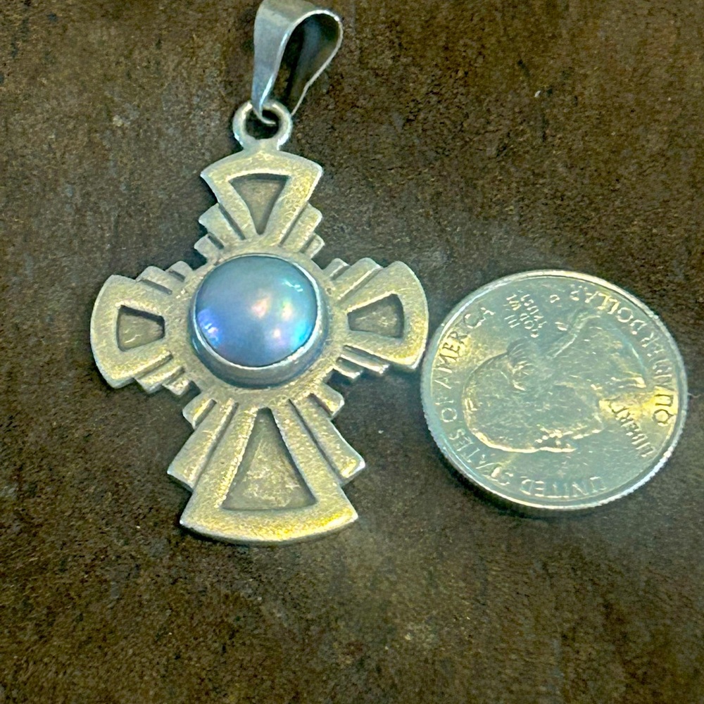 Sterling Silver Native Cross with Akoya Pearl on 18” Italy Sterling Silver Chain